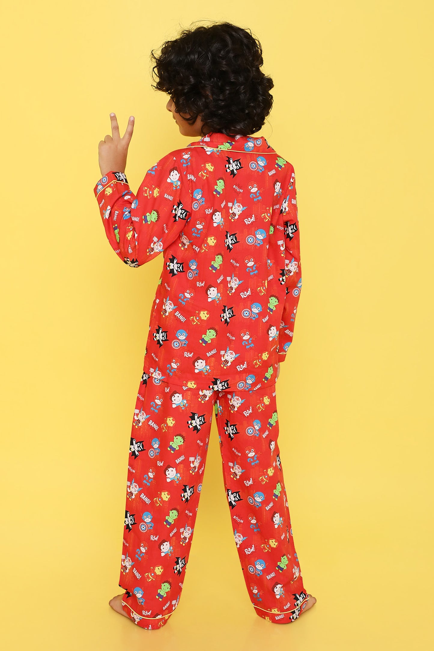 Knitting Doodles Premium cotton Kids' Notched Collar Night suit in adorable superheroes  Print- Red