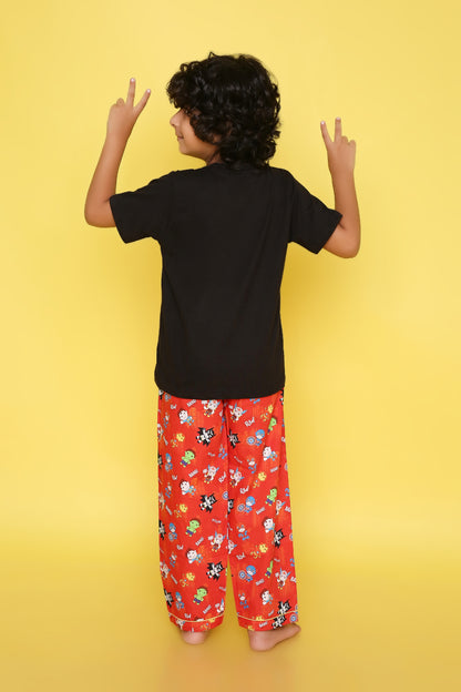 Knitting Doodles Premium Cotton Kids' Night suit with Superhero print t-shirt and Pyjama- Black and Red