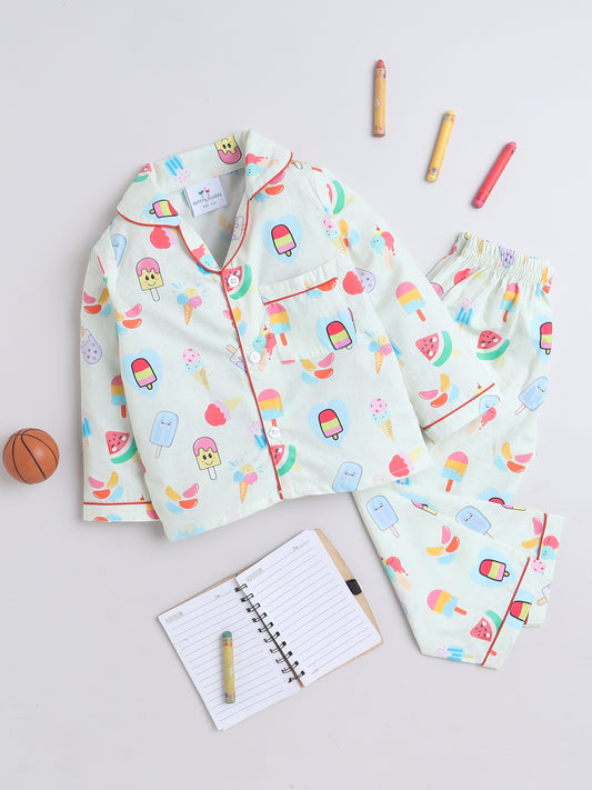 Icecream Print Nightsuit- Very Light Green
