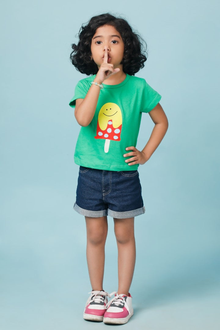 Knitting Doodles Pure cotton Girls' Green t-shirt with Cute Icecream print- Green