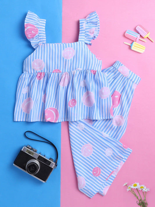 Blue and White Stripes Coord set with Smileys and Pleated Pants