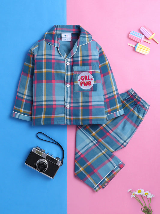Multi Coloured Checks Night suit with Girl Power embroidery on pocket