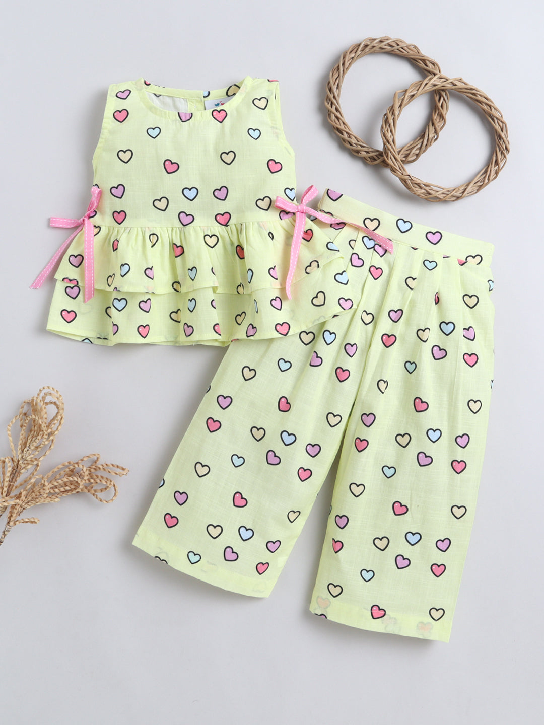 Hearts Print Coord set with and Pleated Pants- Yellow