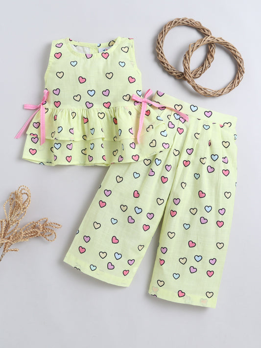Hearts Print Coord set with and Pleated Pants- Yellow