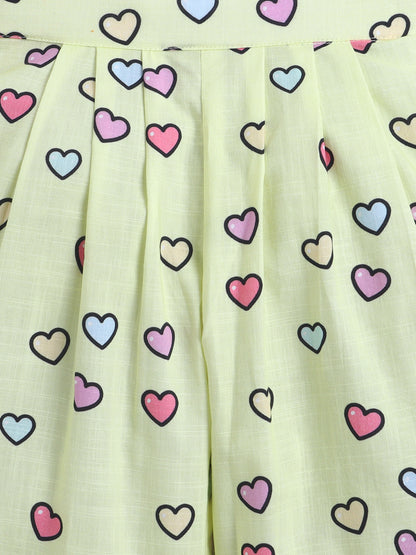 Hearts Print Coord set with and Pleated Pants- Yellow