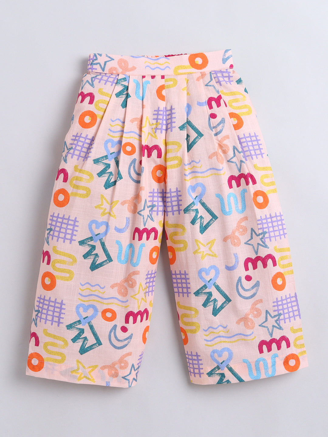 Abstract Doodle Print Coord set with and Pleated Pants- Peach