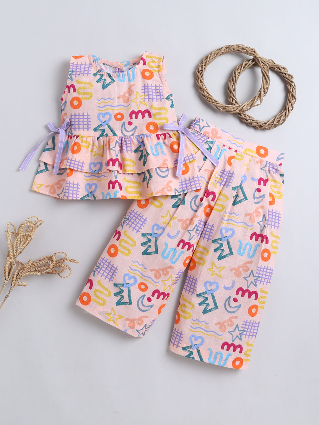 Abstract Doodle Print Coord set with and Pleated Pants- Peach