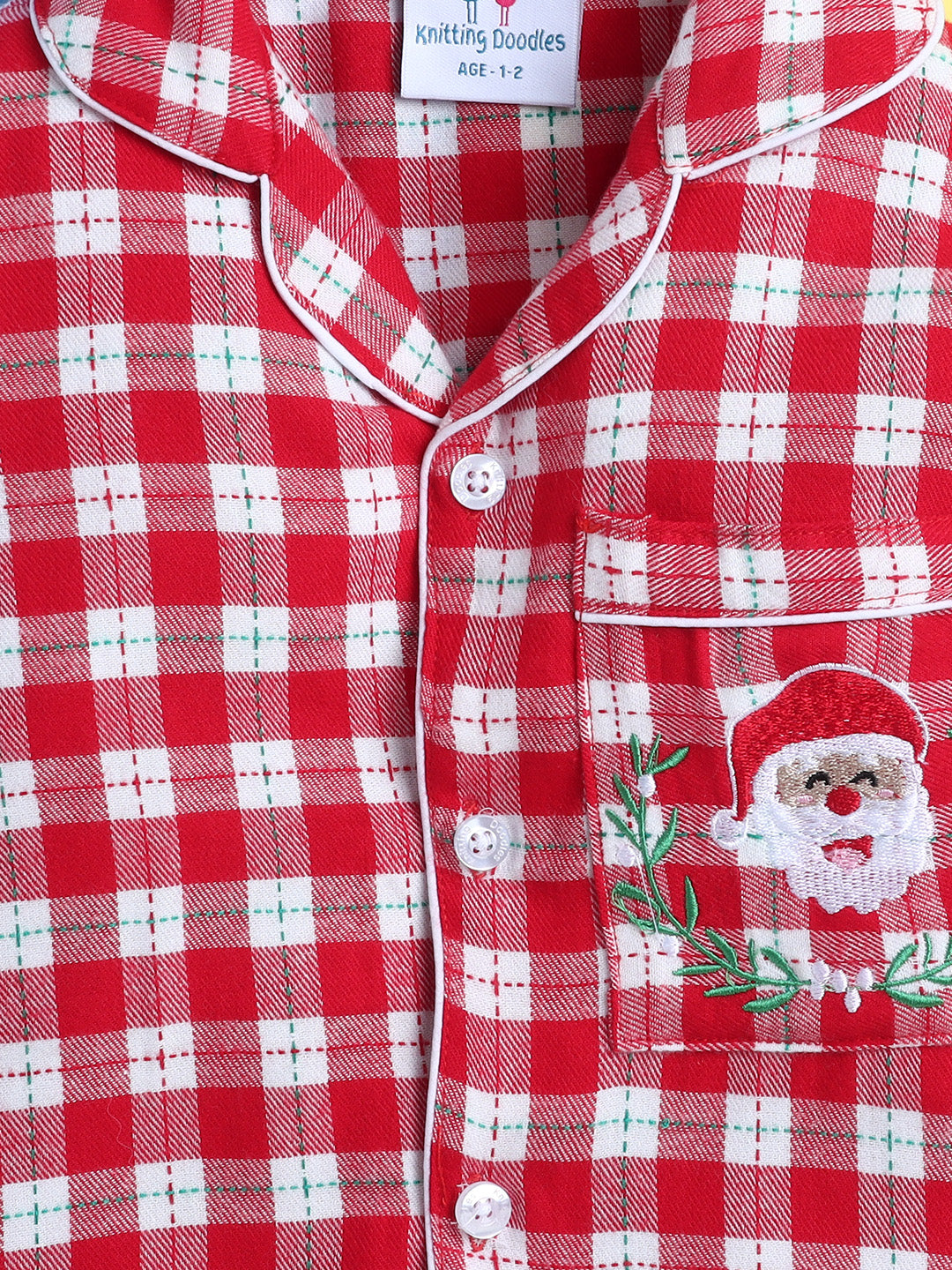 Red and White Cotton Twill Plaid Nightsuit with Cute Santa Claus Embroidery on Pocket