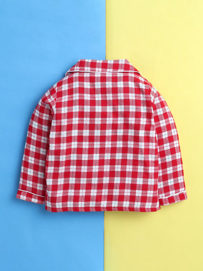 Red and White Cotton Twill Plaid Nightsuit with Cute Santa Claus Embroidery on Pocket