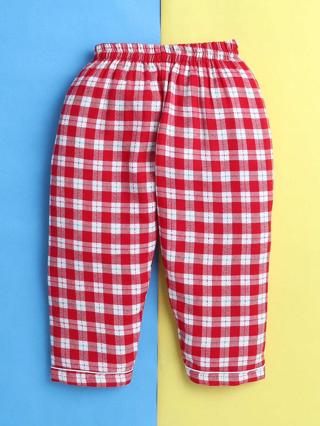 Red and White Cotton Twill Plaid Nightsuit with Cute Santa Claus Embroidery on Pocket