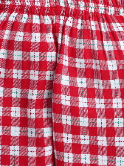 Red and White Cotton Twill Plaid Nightsuit with Cute Santa Claus Embroidery on Pocket