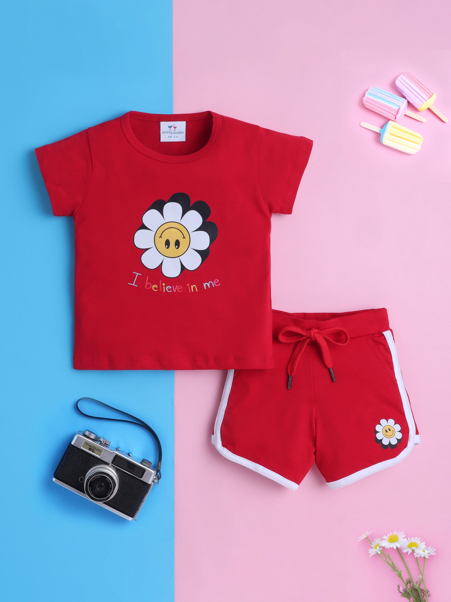 Girls' Cotton Playday Shorts Set with Cute Print- Red
