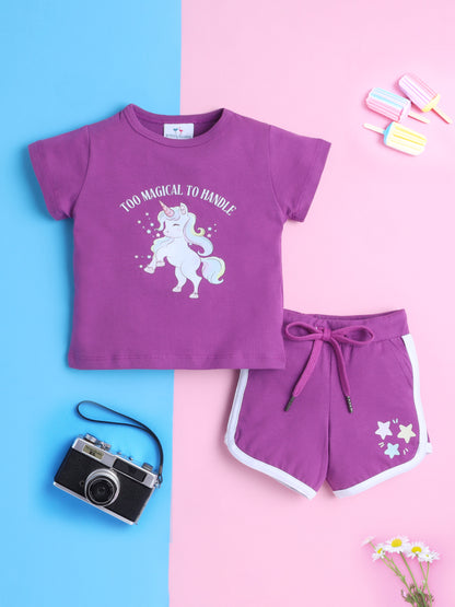 Girls' Cotton Playday Shorts Set with Cute Print- Purple