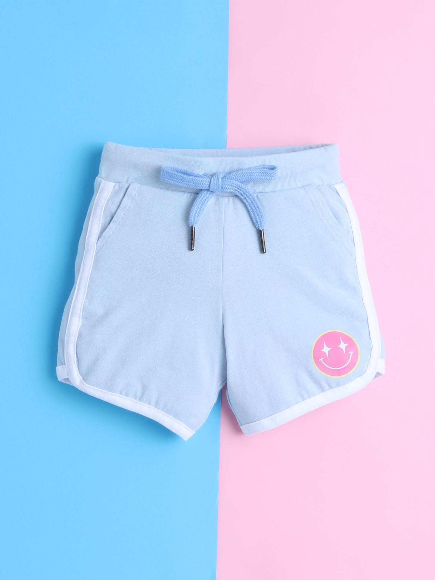 Girls' Cotton Playday Shorts Set with Cute Print- Light Blue