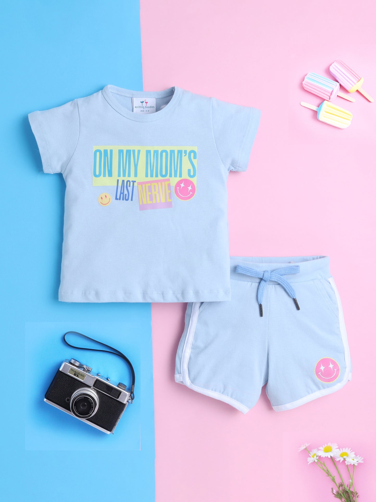 Girls' Cotton Playday Shorts Set with Cute Print- Light Blue