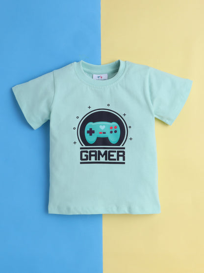 Boys' Cotton Playday Shorts Set with Fun Gamer Print- Sea Green