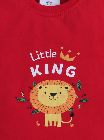 Boys' Cotton Playday Shorts Set with Cute Lion Print- Red