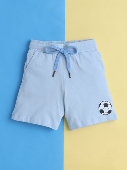 Boys' Cotton Playday Shorts Set with Fun Football Print- Light Blue