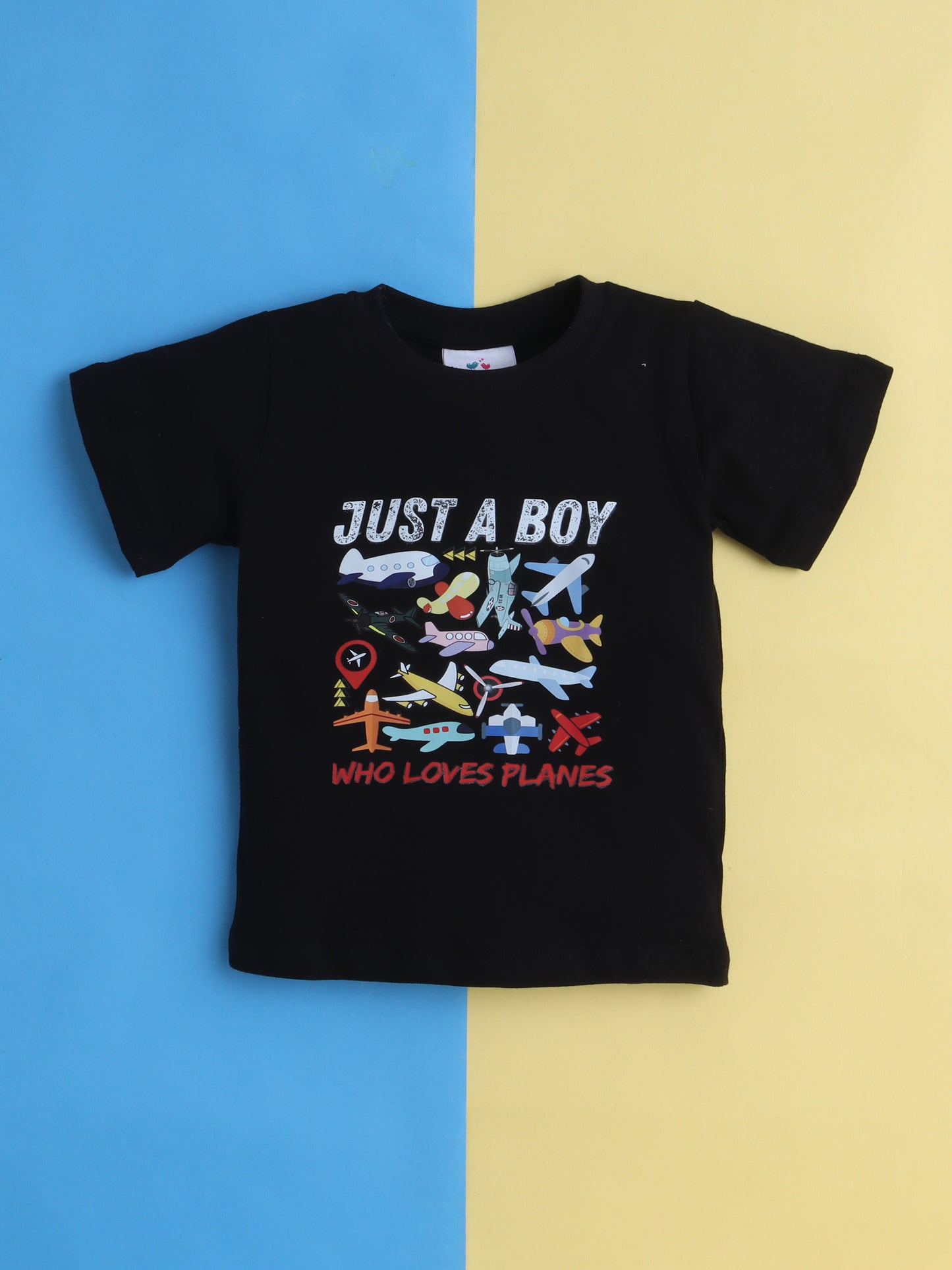 Boys' Cotton Playday Shorts Set with Cute Aeroplane Print- Black