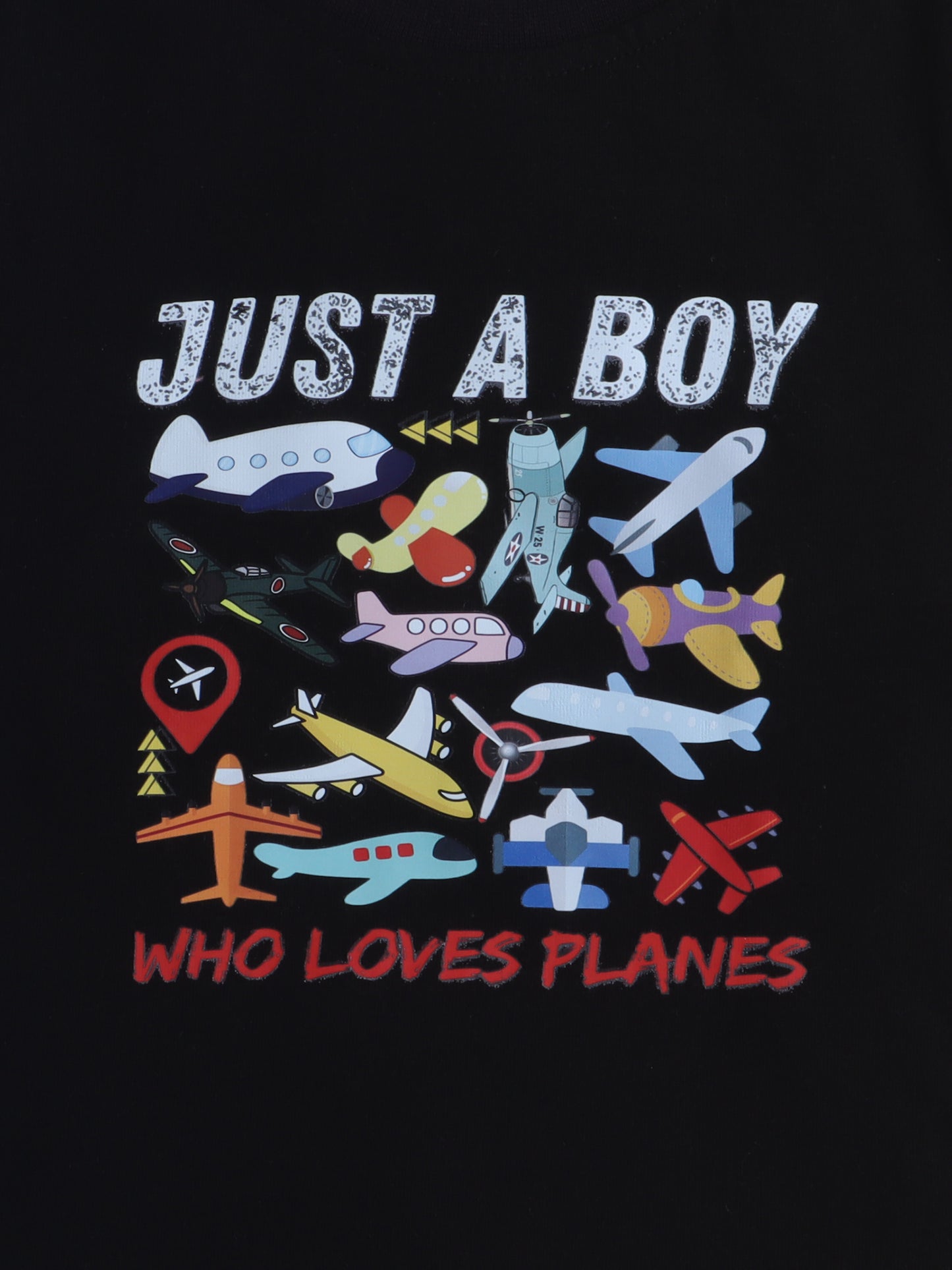 Boys' Cotton Playday Shorts Set with Cute Aeroplane Print- Black