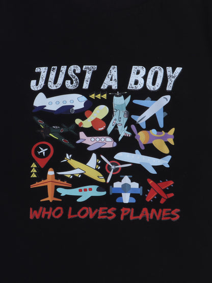 Boys' Cotton Playday Shorts Set with Cute Aeroplane Print- Black