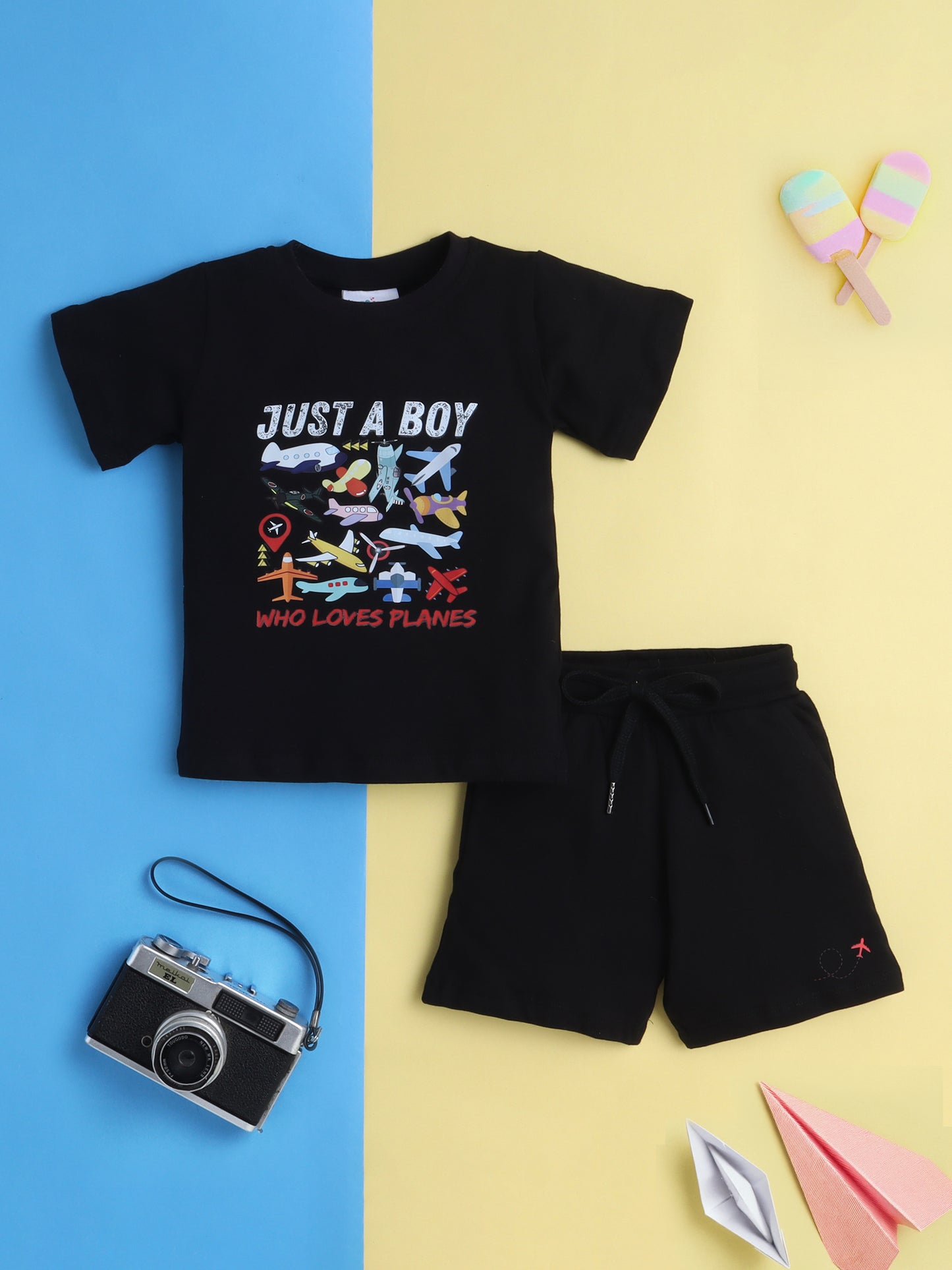 Boys' Cotton Playday Shorts Set with Cute Aeroplane Print- Black