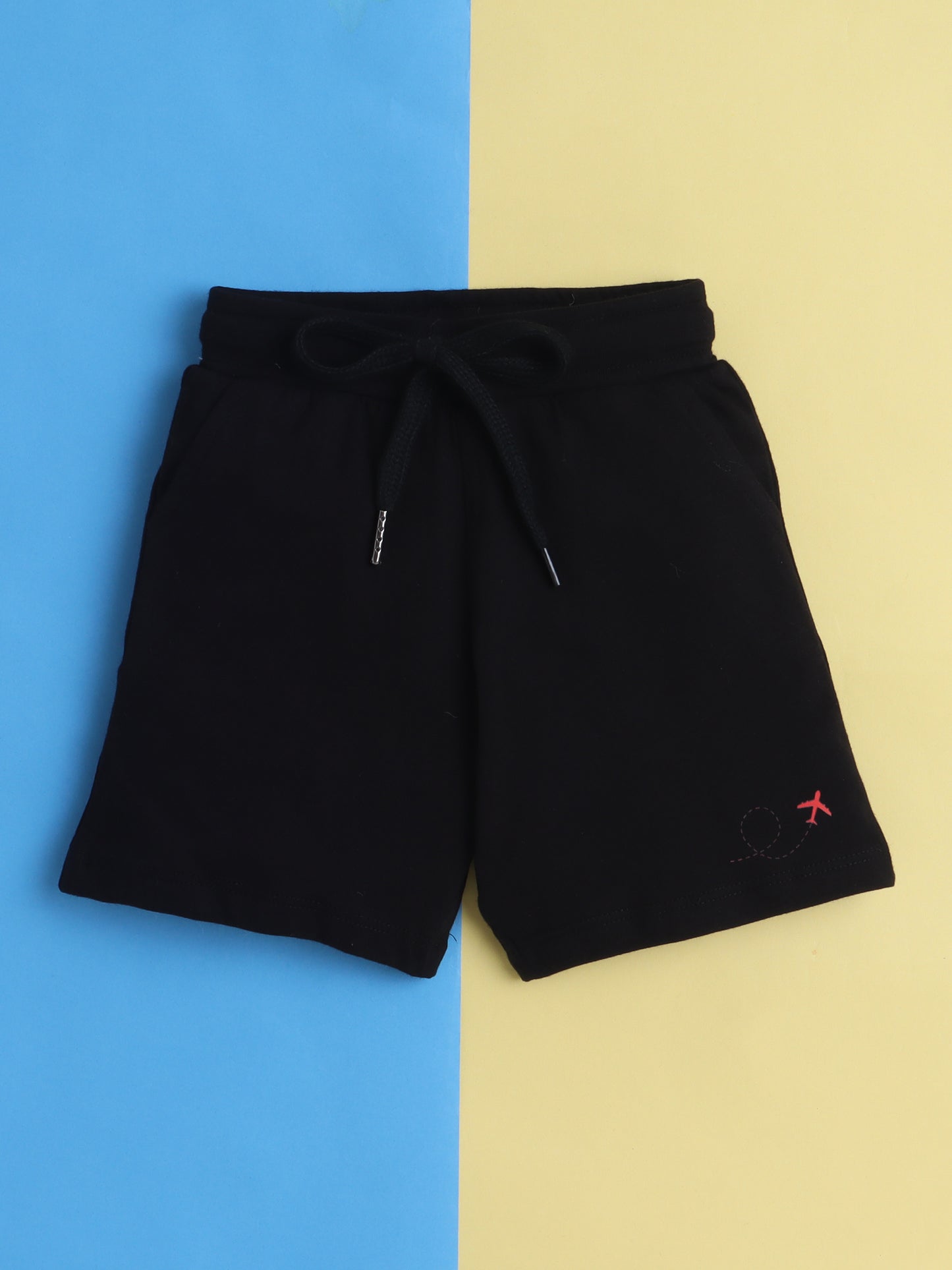 Boys' Cotton Playday Shorts Set with Cute Aeroplane Print- Black