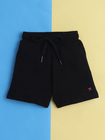 Boys' Cotton Playday Shorts Set with Cute Aeroplane Print- Black