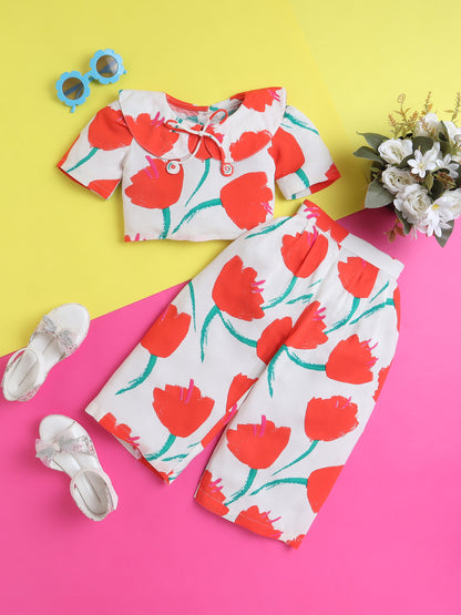 Red Tulips Coord set with Crop top and Pleated Pants