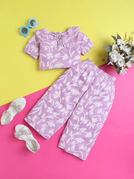 Light Purple Tulips Coord set with Crop top and Pleated Pants