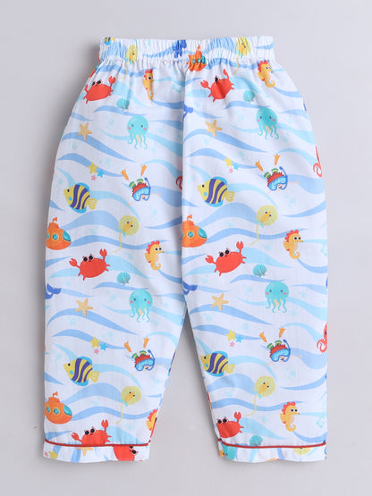 Fishes Print Night Suit- Light Blue