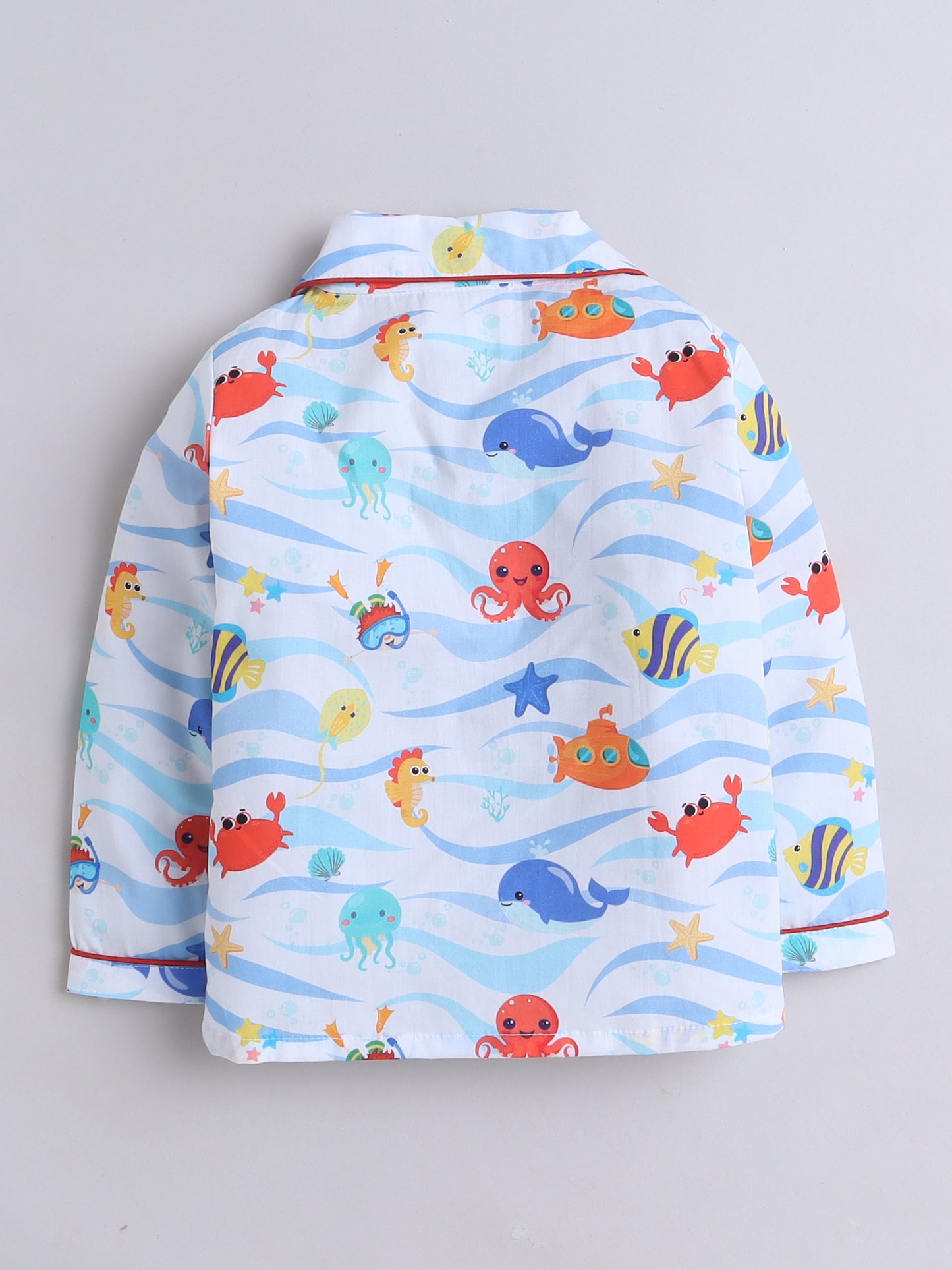 Fishes Print Night Suit- Light Blue