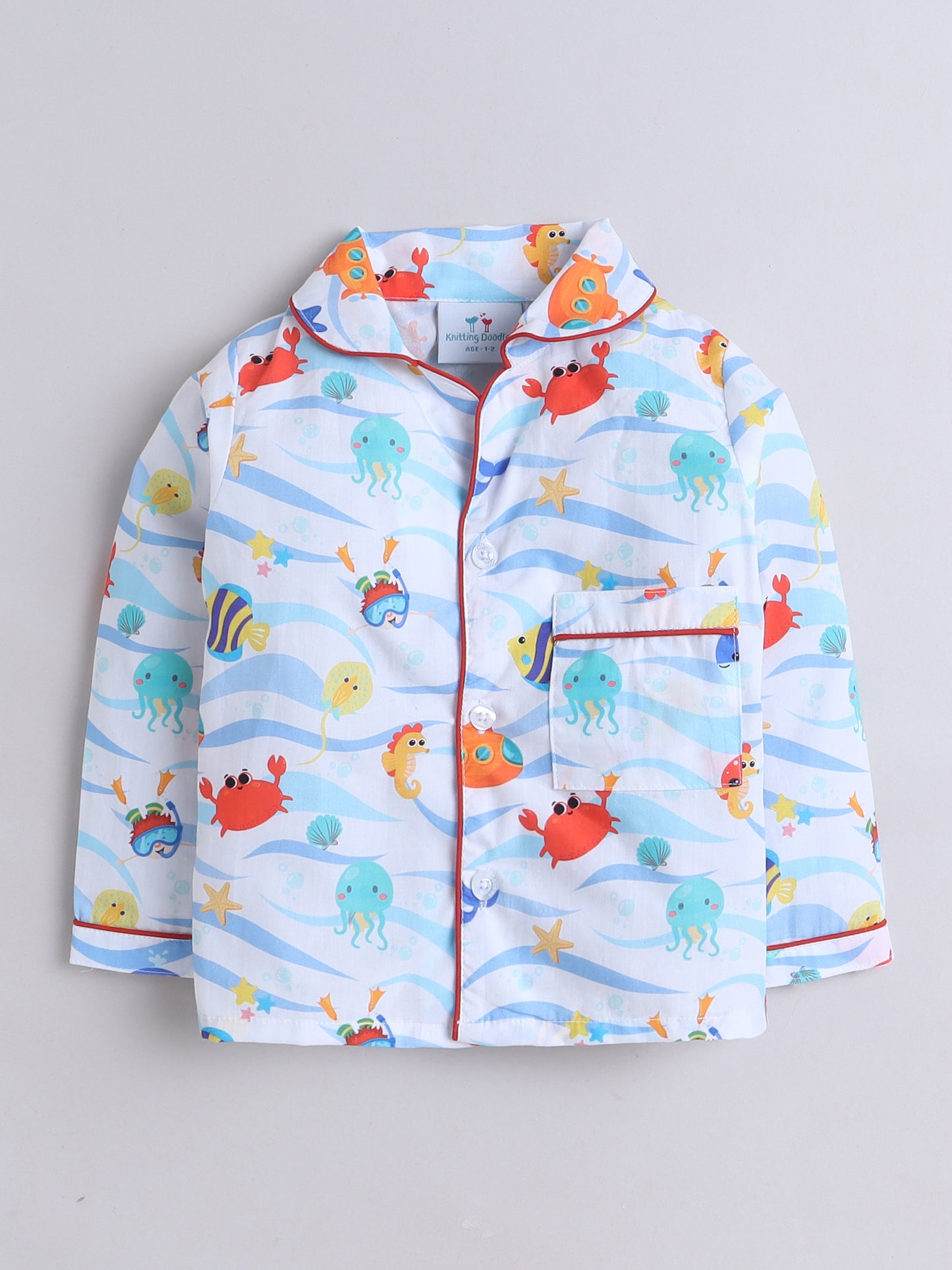 Fishes Print Night Suit- Light Blue