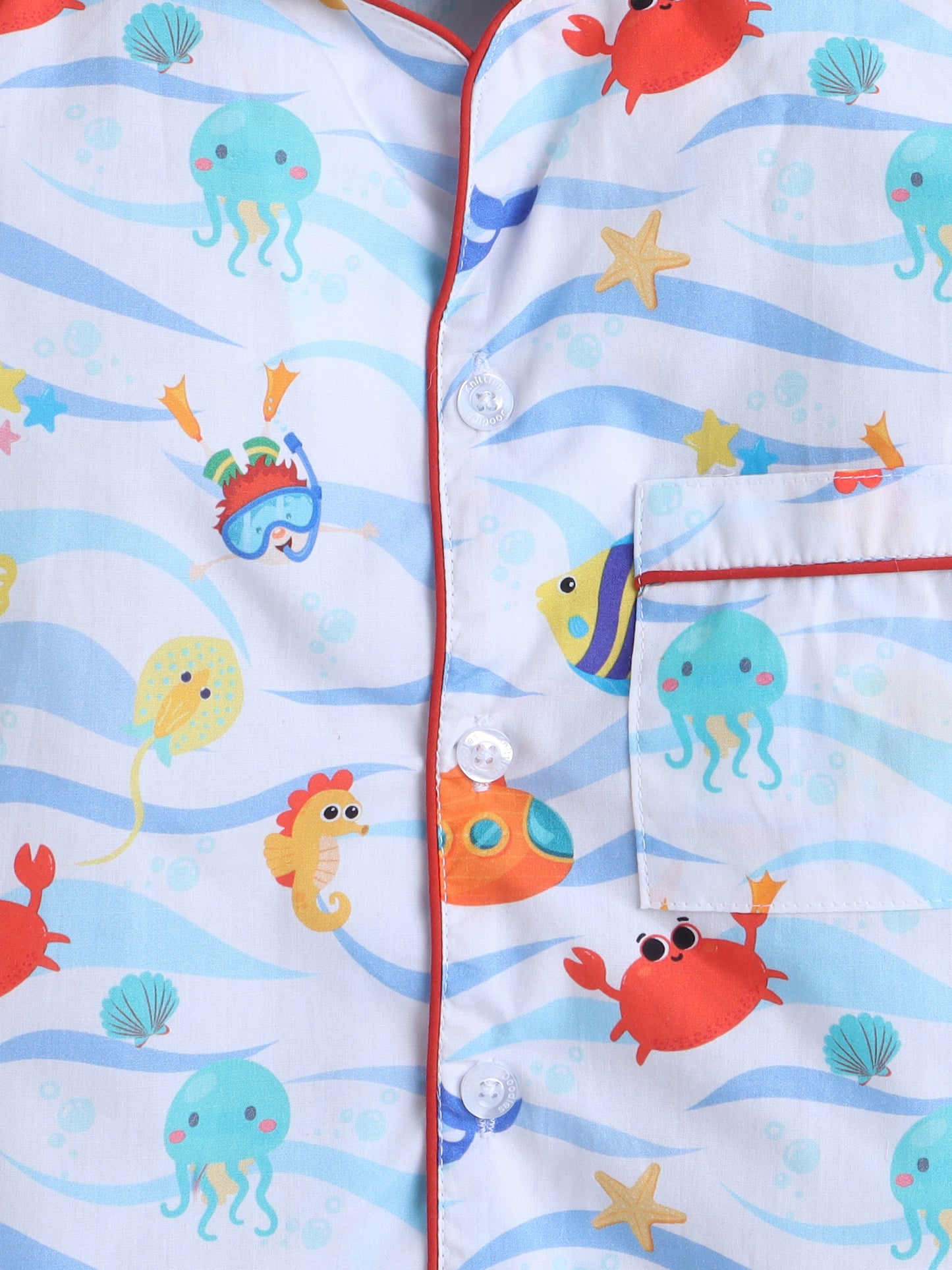 Fishes Print Night Suit- Light Blue