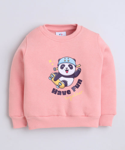 Panda Print Sweatshirt with Fleece Lining- Peach