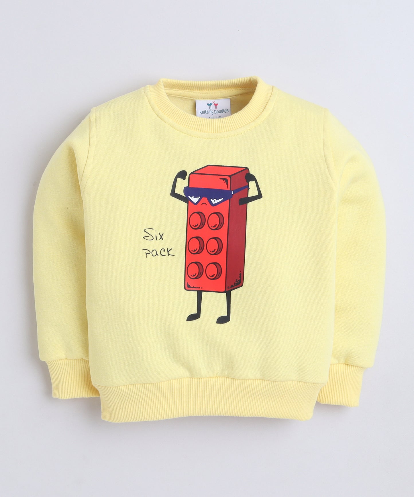 Six Pack Print Sweat Shirt with Fleece Lining- Light Yellow