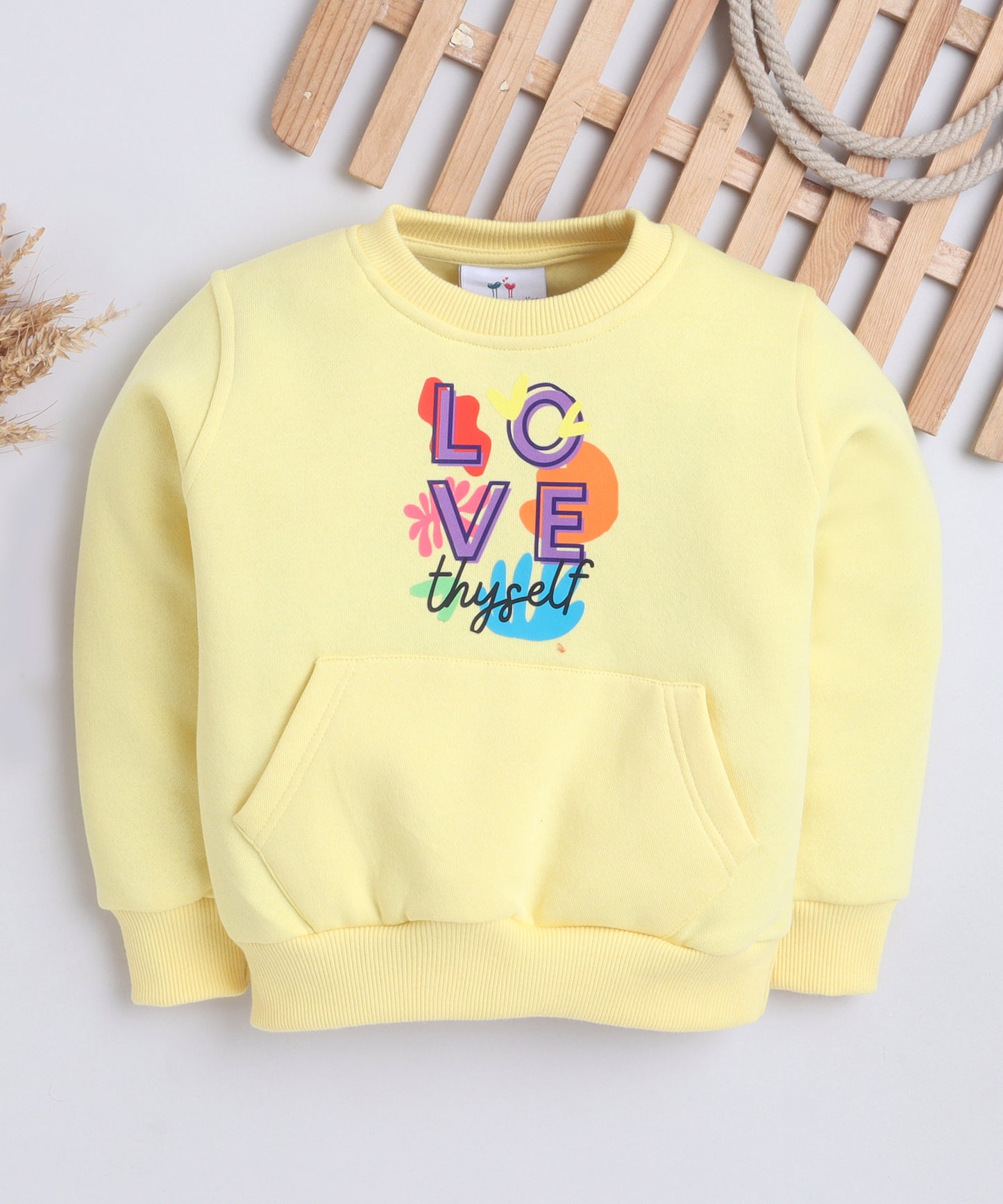 Love Thyself Print Sweat Shirt with Fleece Lining- Light Yellow