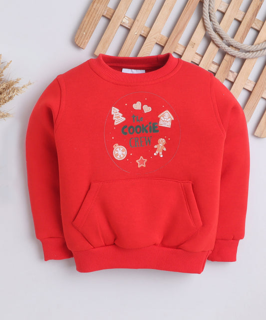 Cookie Crew Print Sweatshirt with Fleece Lining- Red