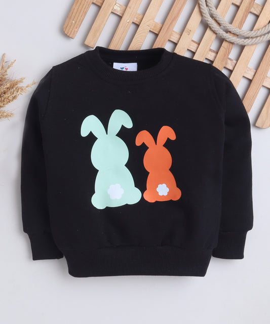 Black Round Neck Bunny Print Sweatshirt with Fleece Lining- Black
