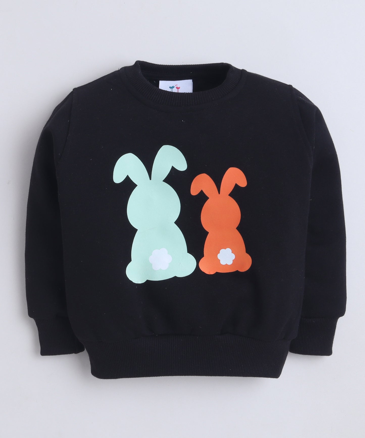 Black Round Neck Bunny Print Sweatshirt with Fleece Lining- Black