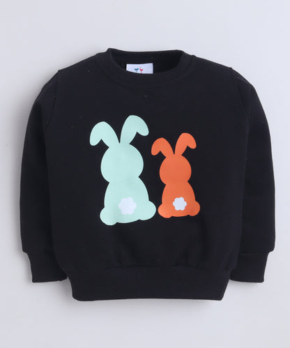 Black Round Neck Bunny Print Sweatshirt with Fleece Lining- Black