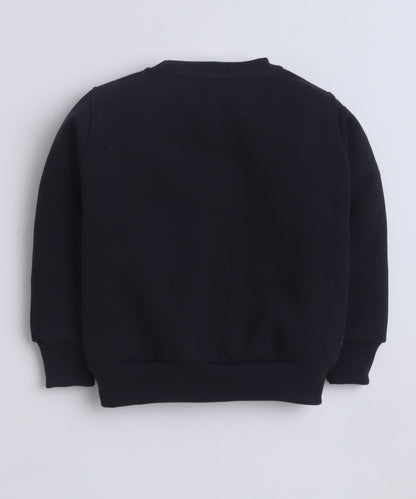 Black Round Neck Bunny Print Sweatshirt with Fleece Lining- Black