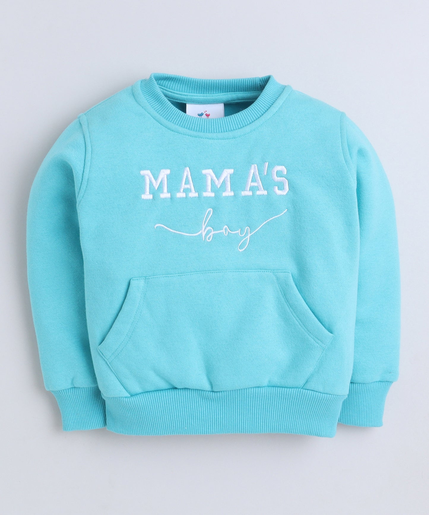 Cute Mama's Boy Embroidery Sweatshirt with Fleece Lining- Turquoise