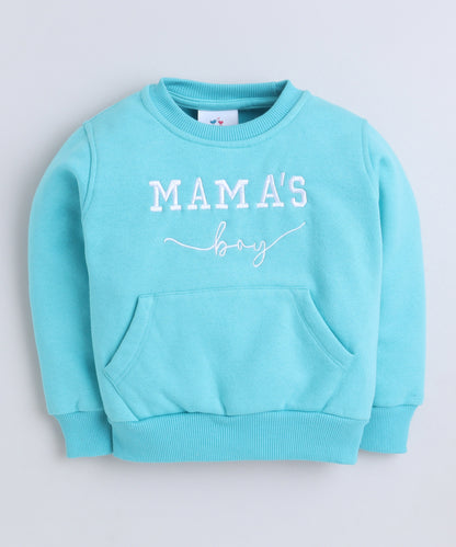 Cute Mama's Boy Embroidery Sweatshirt with Fleece Lining- Turquoise