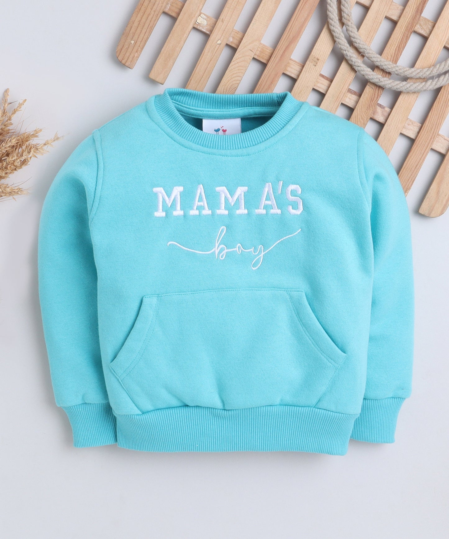 Cute Mama's Boy Embroidery Sweatshirt with Fleece Lining- Turquoise