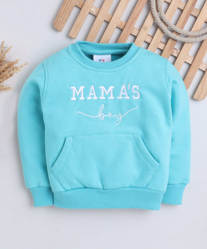 Cute Mama's Boy Embroidery Sweatshirt with Fleece Lining- Turquoise