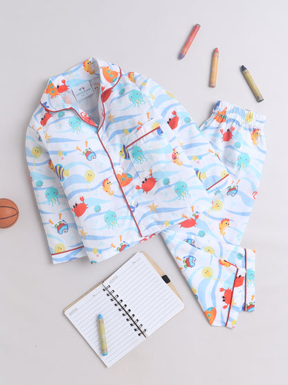 Fishes Print Night Suit- Light Blue