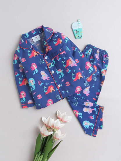 Mermaids Print Night Suit- Blue