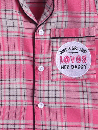 Pink & White Checks Pure Cotton Nightsuit with Daddy Love Embroidery