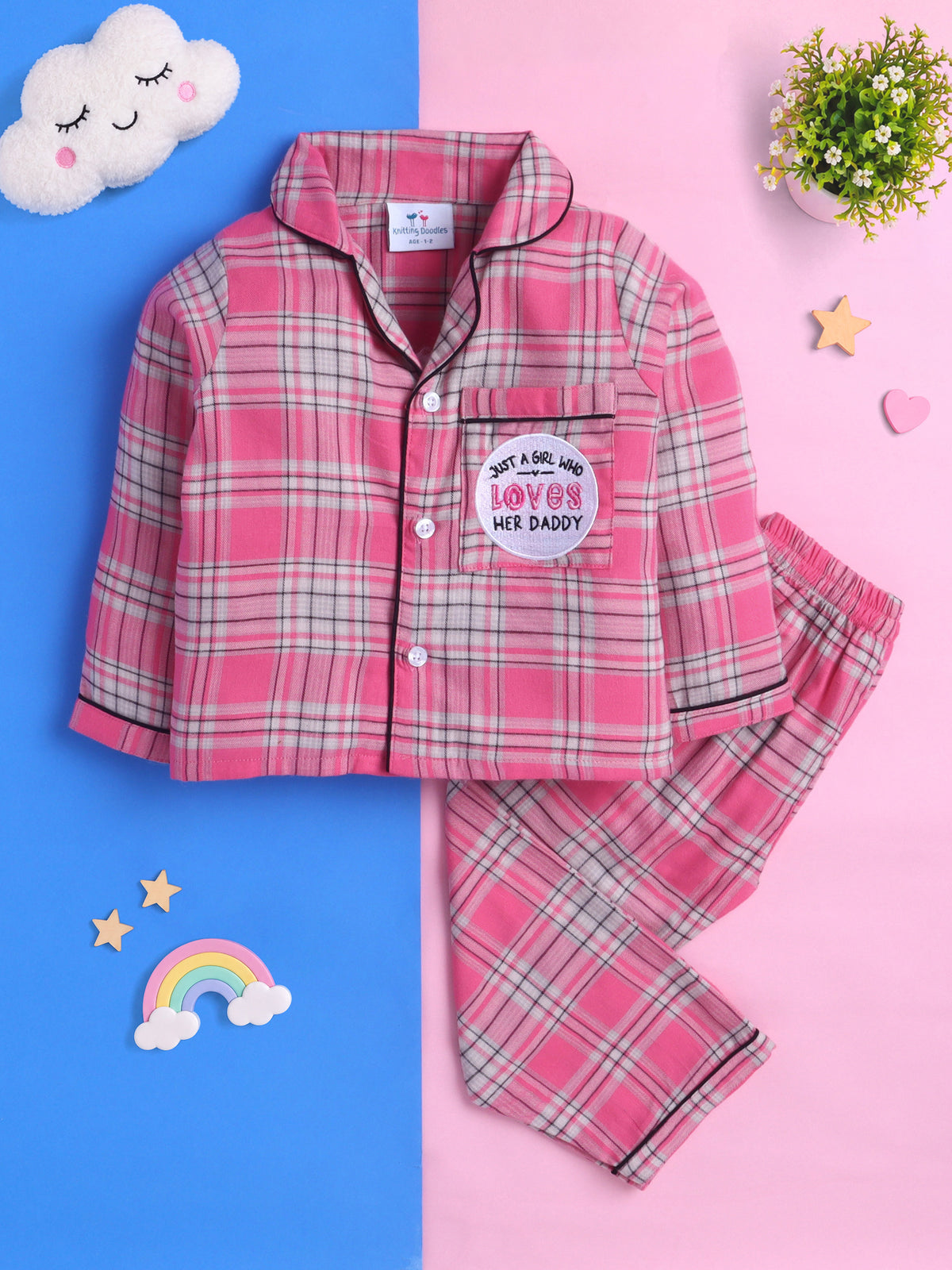 Pink & White Checks Pure Cotton Nightsuit with Daddy Love Embroidery